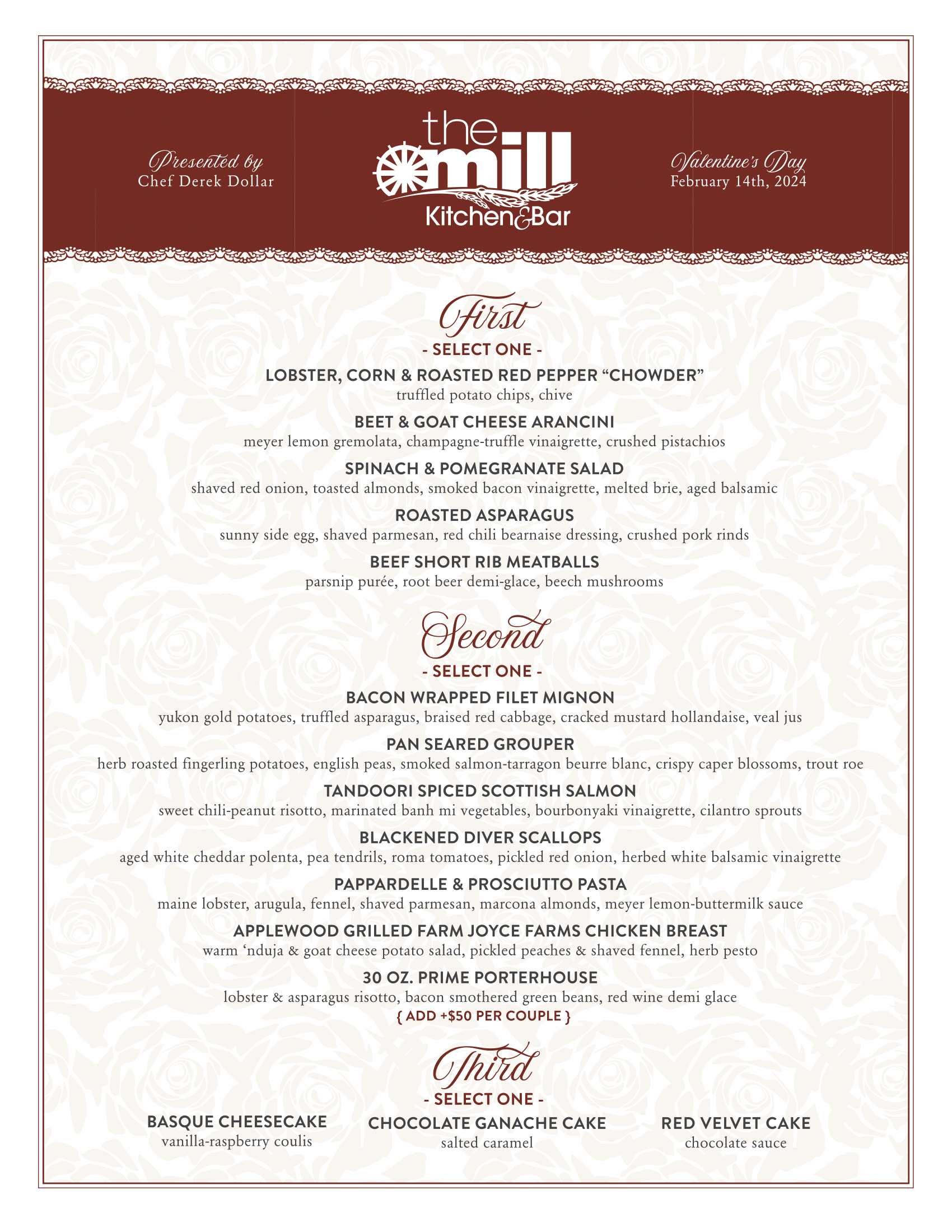 Valentines Day 3Course PrixFixe Menu Presented by Chef Derek Dollar